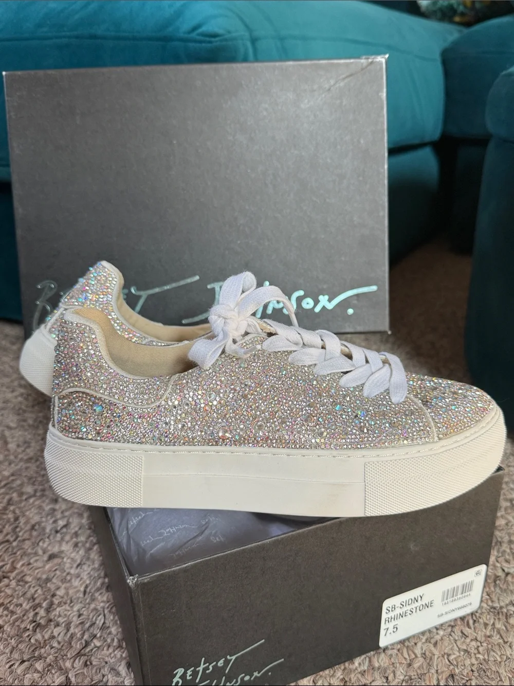 Betsey Johnson Sidny Iridescent Crystal Platform Sneakers - White